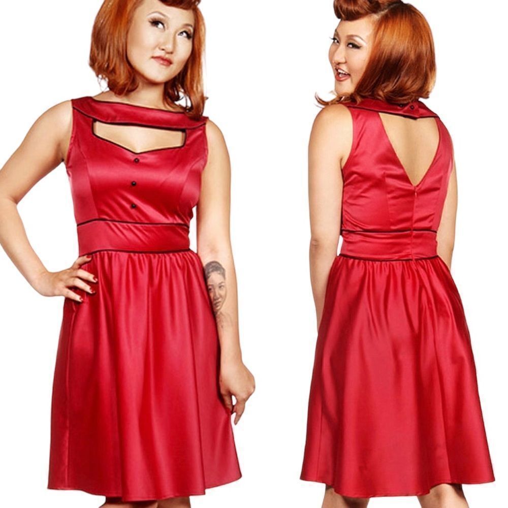 Folter The Scarlett Red Satin Retro Pin Up Rockabilly Fit Flare Dress Sz L NWT